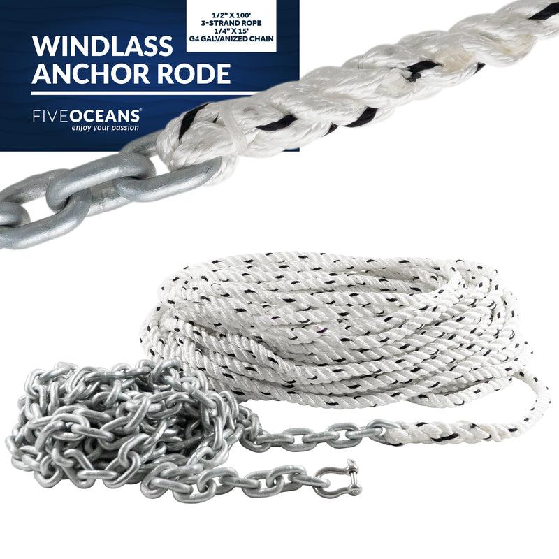 Calibrated Chain with Nylon Three Strand Rope for Windlass w/Hot Dipped  Galvanized HT G4 Chain, Pre-Spliced Rope 1/2x100FT / Chain 1/4x15FT