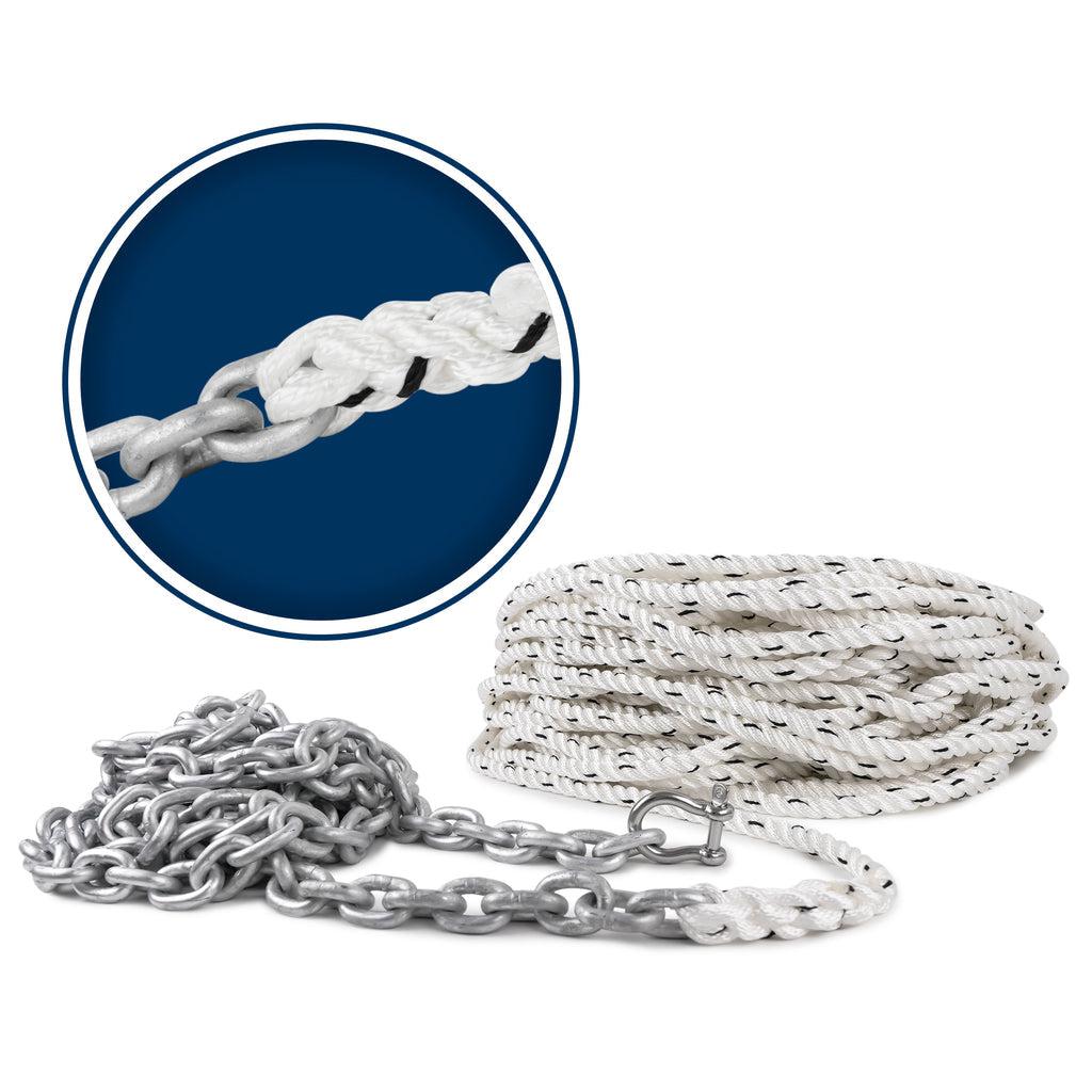 Windlass Anchor Rode Nylon Three Strand 1/2in x 150ft with Calibrated Hot  Dipped Galvanized Steel HT G4 Chain 1/4in x 15ft, 1/4in SS Shackle