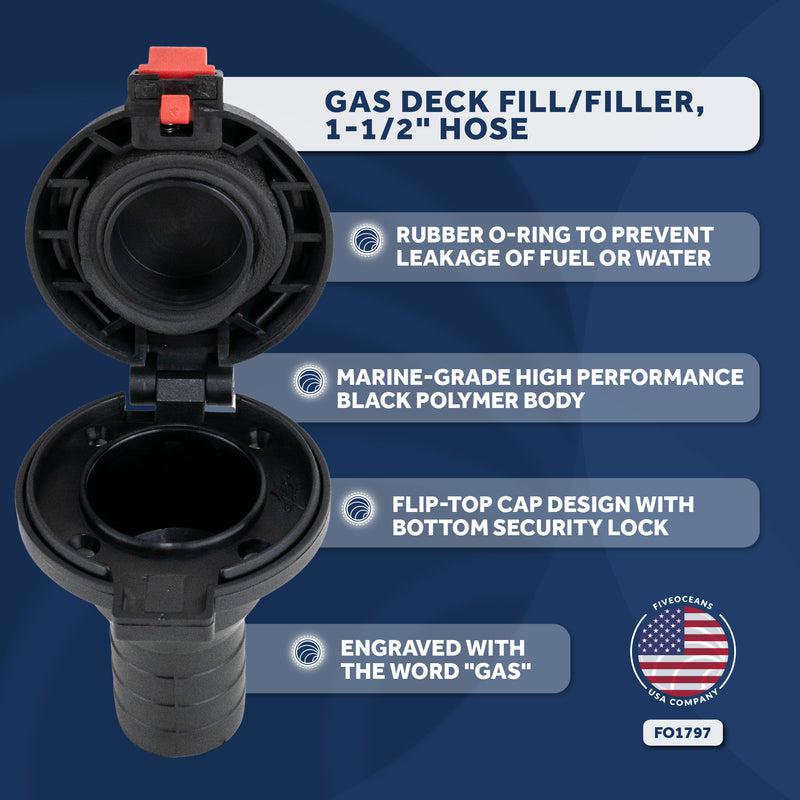 Boat GAS Deck Fill/Filler, Marine Fuel Deck Filler with Flip Top Cap Design, 1-1/2 Inch Hose, Straight Neck, for Potoon, Fishing Boats, Bass Boat, Sport Yachts, Sailboats