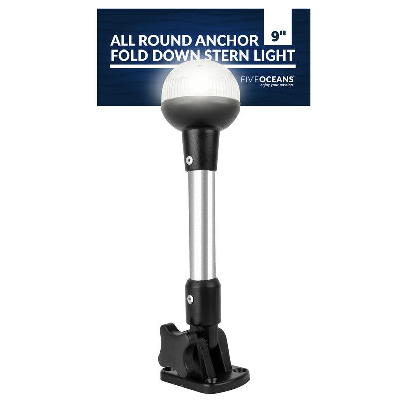Marine Boat All Round Anchor Fold Down Stern Light, White Light, 9 inches, Surface Mount, Stainless Steel Tubing, ABS Plastic Base
