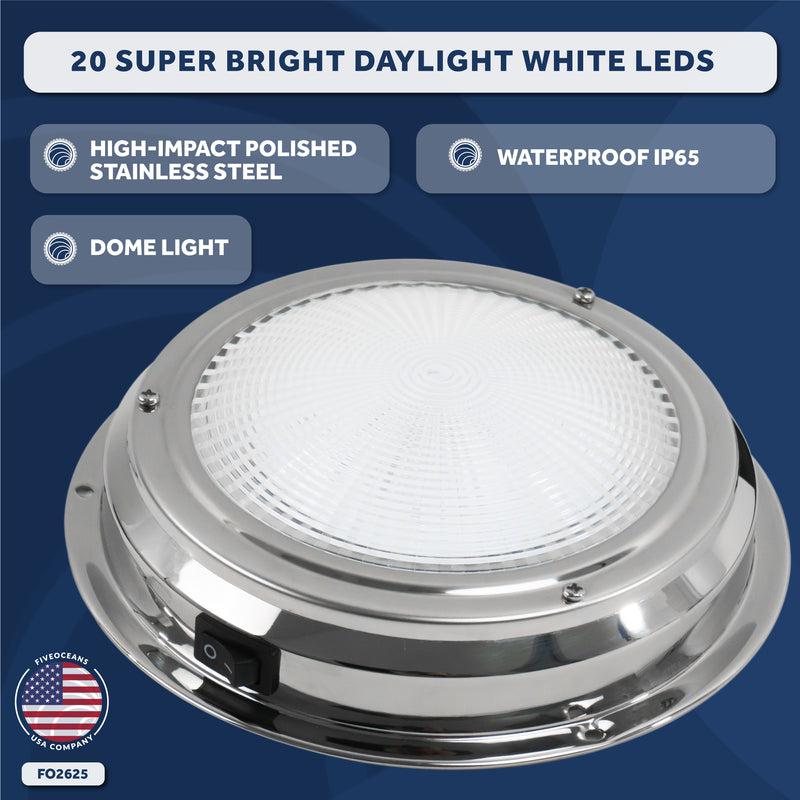 12V LED Interior Dome Light w/ On-Off Switch, 6" Cool White, Stainless Steel-2