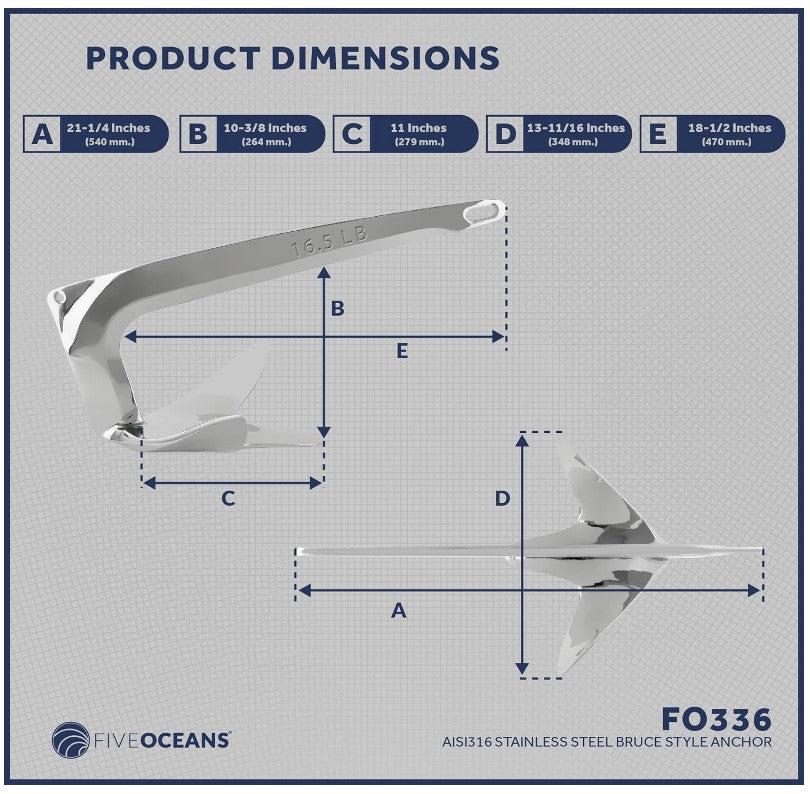 Claw / Bruce Type Force Boat Anchor | AISI316 Stainless Steel | 15.5lb - Five Oceans