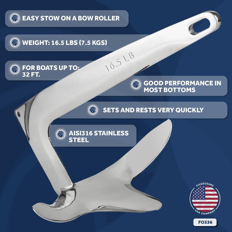 Claw / Bruce Type Force Boat Anchor | AISI316 Stainless Steel | 15.5lb - Five Oceans - 0