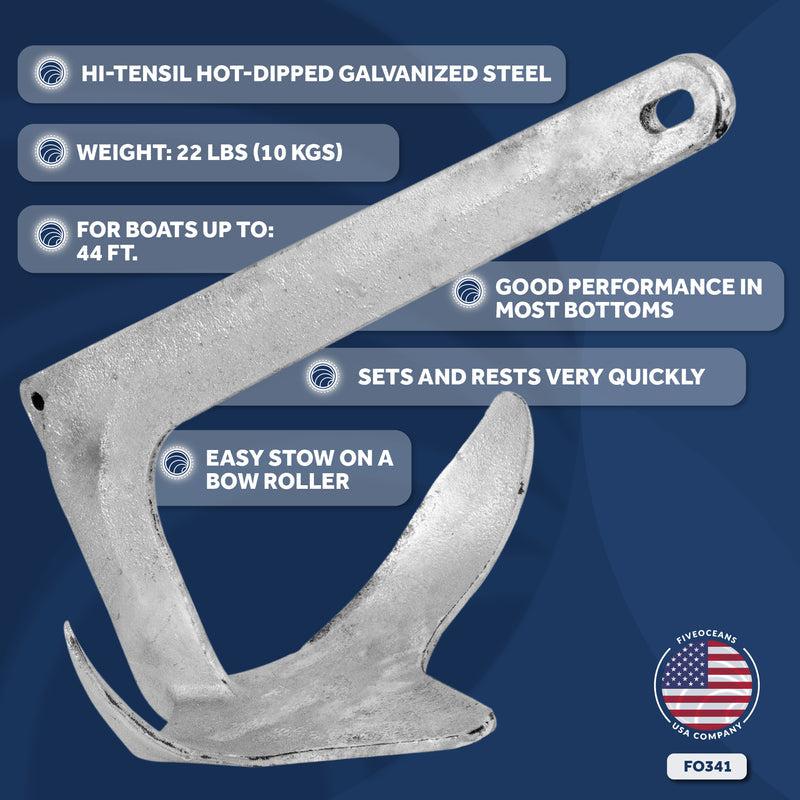 Claw / Bruce Type Boat Anchor | Hot Dipped Galvanized Steel | 22lbs - Five Oceans (BC 341) - 0