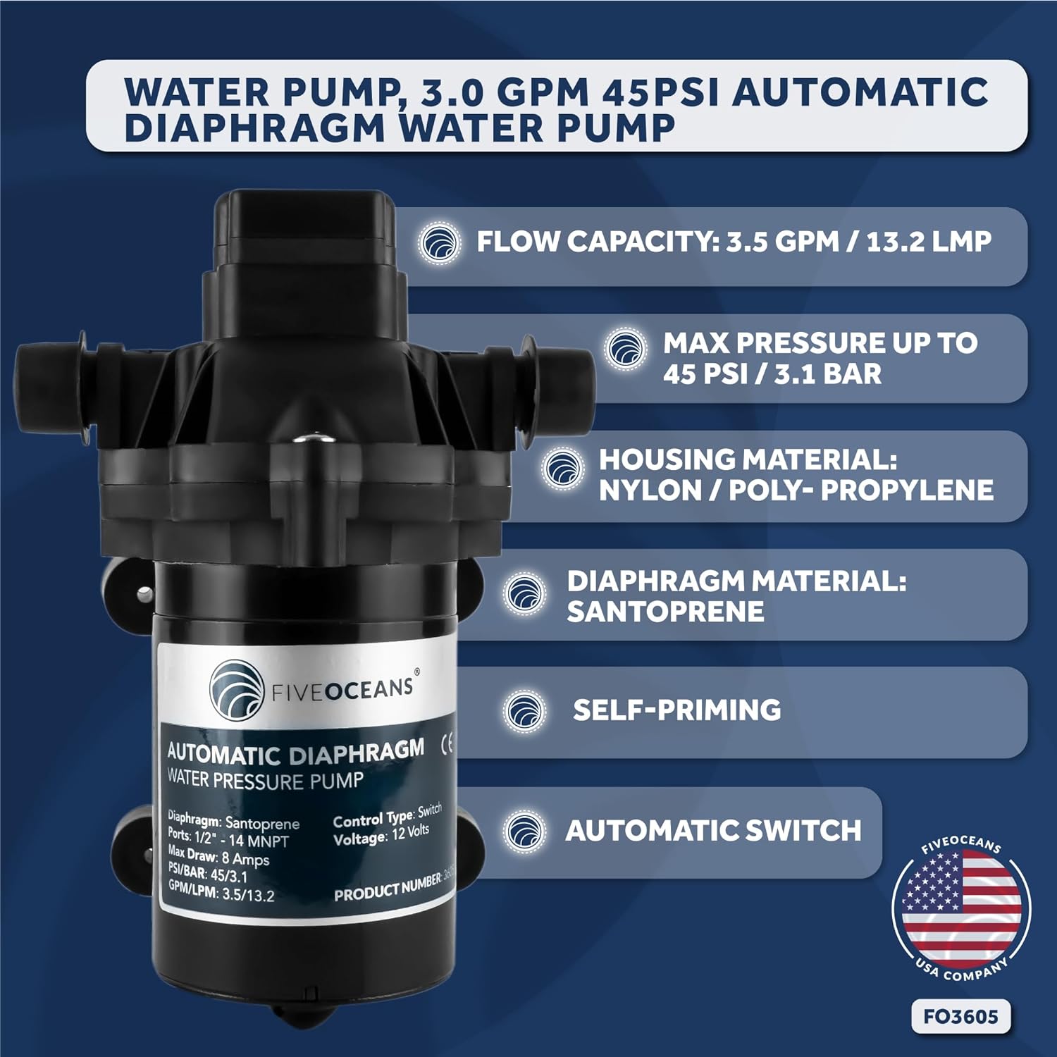12 volts Automatic Diaphragm Water Pressure Pump, Up to 45PSI / 3.0 GPM, Self-Priming, Run Dry Safe - 0