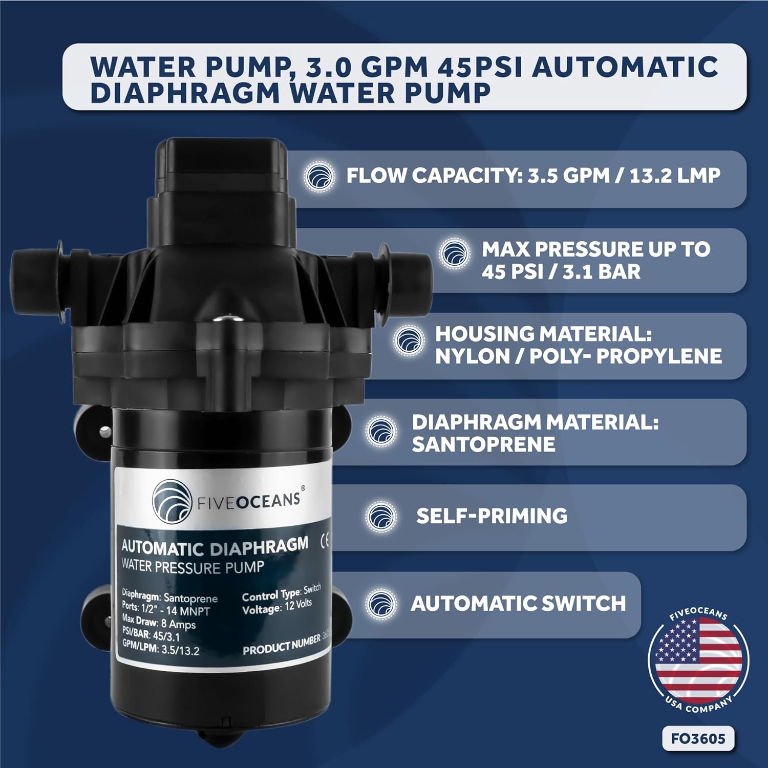 12 volts Automatic Diaphragm Water Pressure Pump, Up to 45PSI / 3.0 GPM, Self-Priming, Run Dry Safe