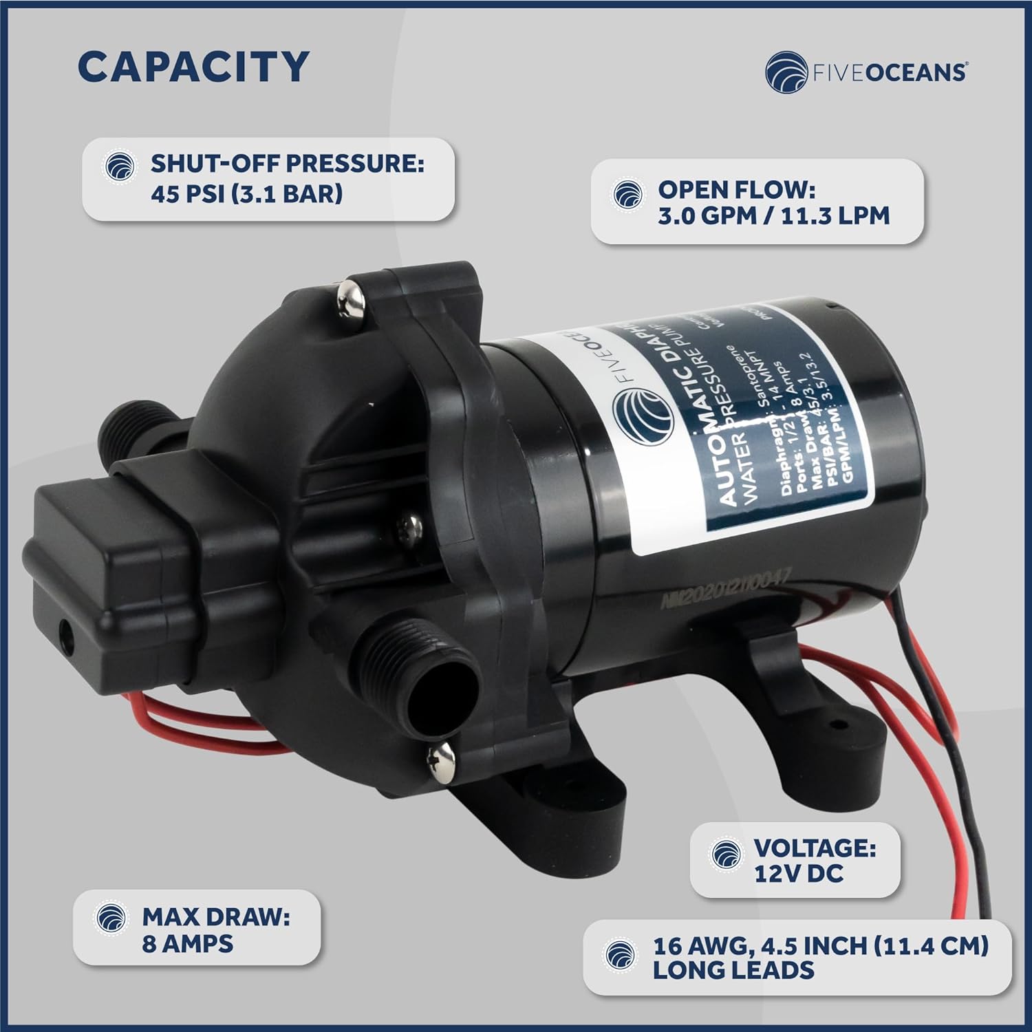 12 volts Automatic Diaphragm Water Pressure Pump, Up to 45PSI / 3.0 GPM, Self-Priming, Run Dry Safe-3
