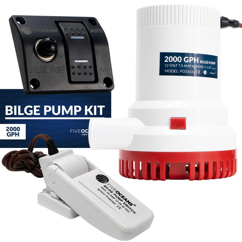 Complete Kit Electric Bilge Pump 2000 GPH w/ Automatic Float Switch (20 Amps, 12V-32V) & Panel Switch (3-Way 12V with LED lights)