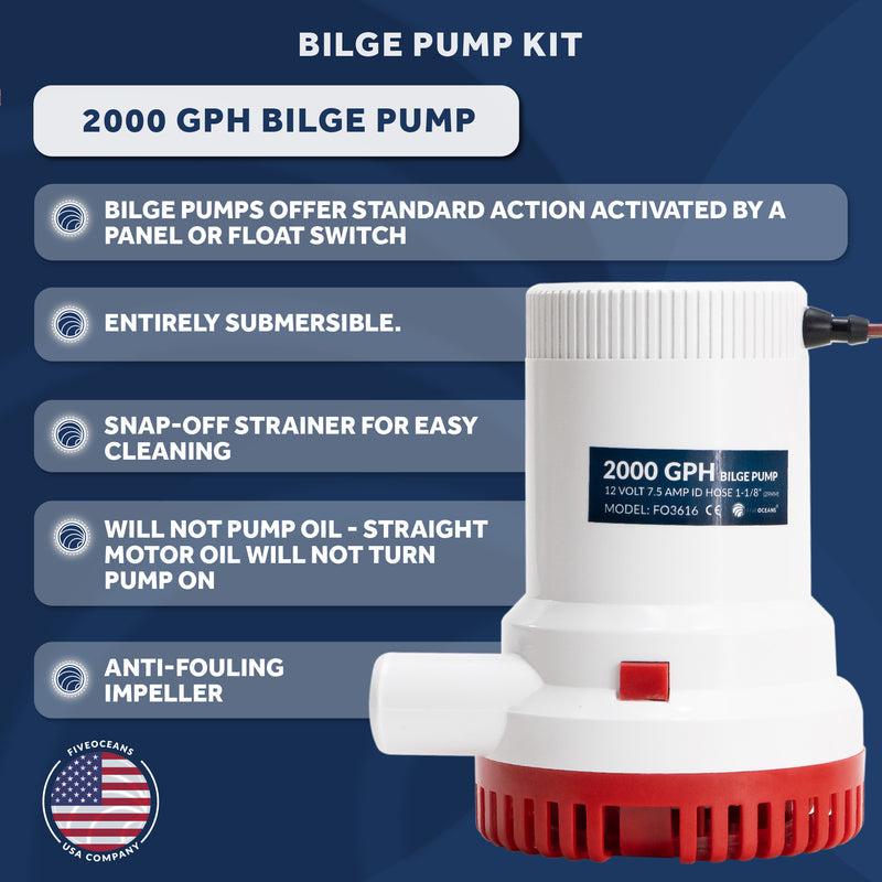 Complete Kit Electric Bilge Pump 2000 GPH w/ Automatic Float Switch (20 Amps, 12V-32V) & Panel Switch (3-Way 12V with LED lights) - 0