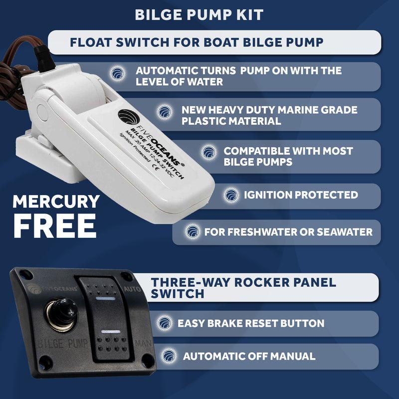Complete Kit Electric Bilge Pump 2000 GPH w/ Automatic Float Switch (20 Amps, 12V-32V) & Panel Switch (3-Way 12V with LED lights)
