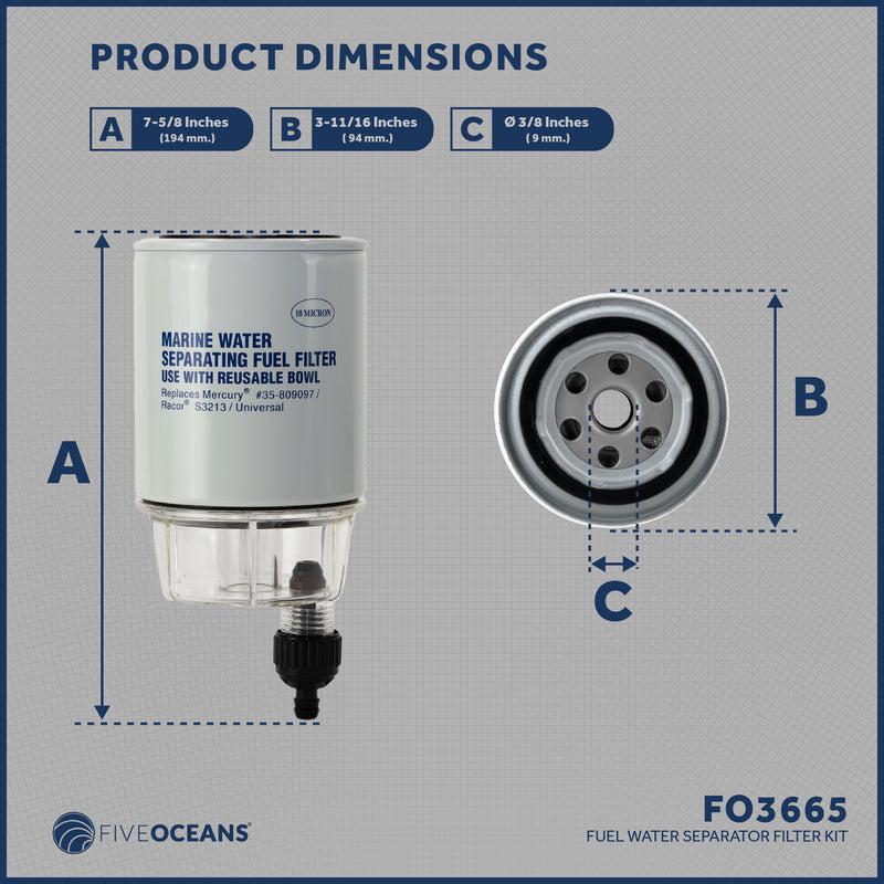 Replacement Fuel Water Separator Filter with See-Thru Bowl (Mercury/Racor/Universal), Thread Diameter 11/16 in, 3/8 in Barb Hose