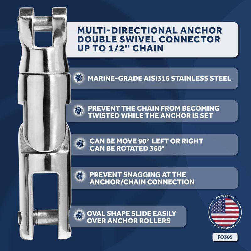 Multi-directional Anchor Double Swivel Connector, Up to 1/2 in. Chain, AISI316 Stainless Steel - Five Oceans