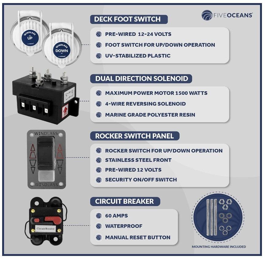 Atlantic 600 Horizontal Windlass 600W (1200 lbs) - for 1/4" HT-G4 Chain 1/2" Rope - Five Oceans