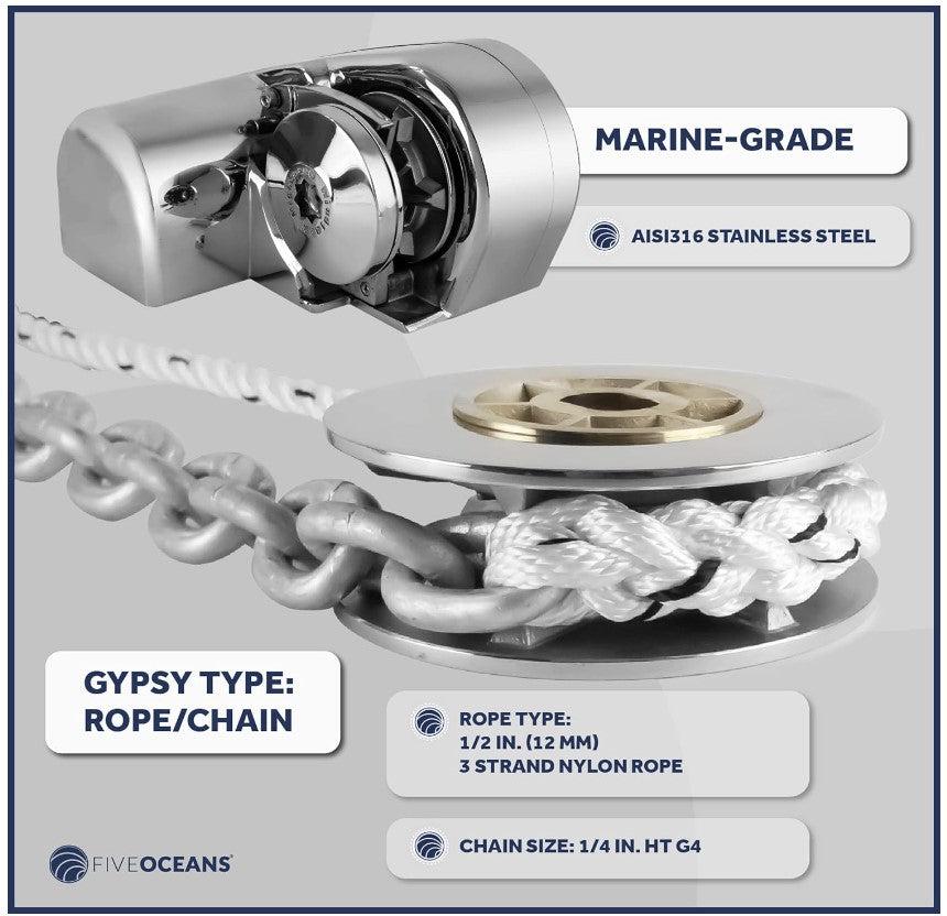 Atlantic 600 Horizontal Windlass 600W (1200 lbs) - for 1/4" HT-G4 Chain 1/2" Rope - Five Oceans