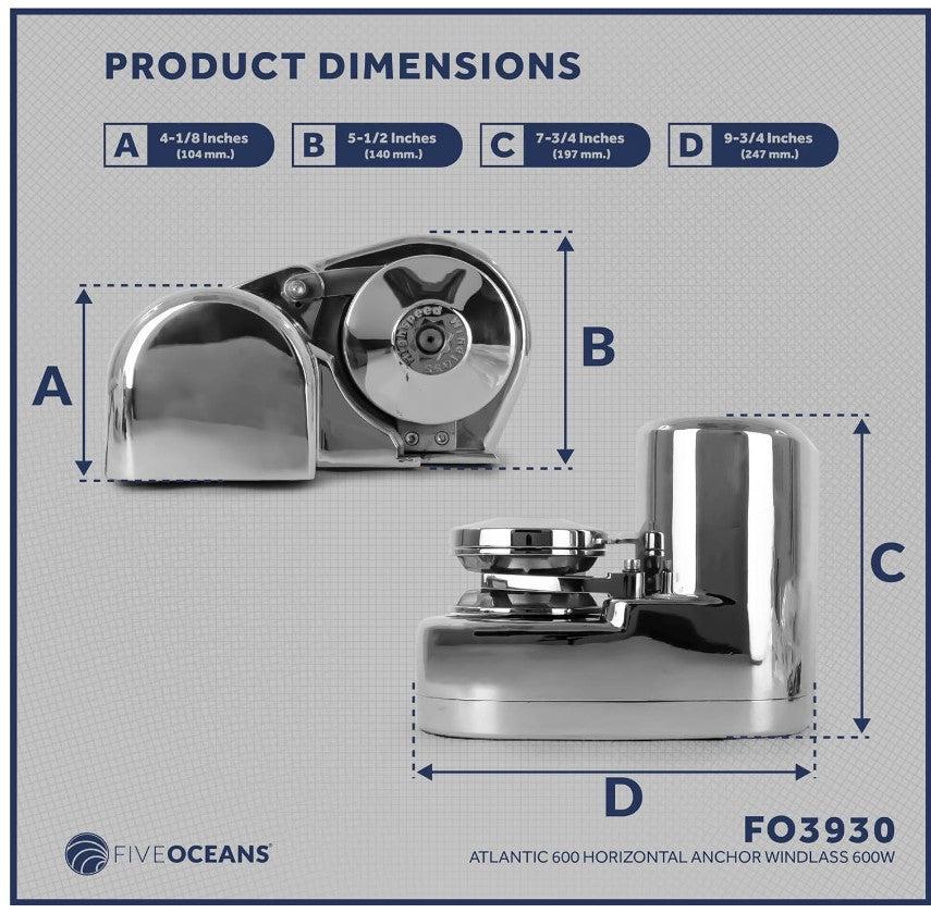 Atlantic 600 Horizontal Windlass 600W (1200 lbs) - for 1/4" HT-G4 Chain 1/2" Rope - Five Oceans