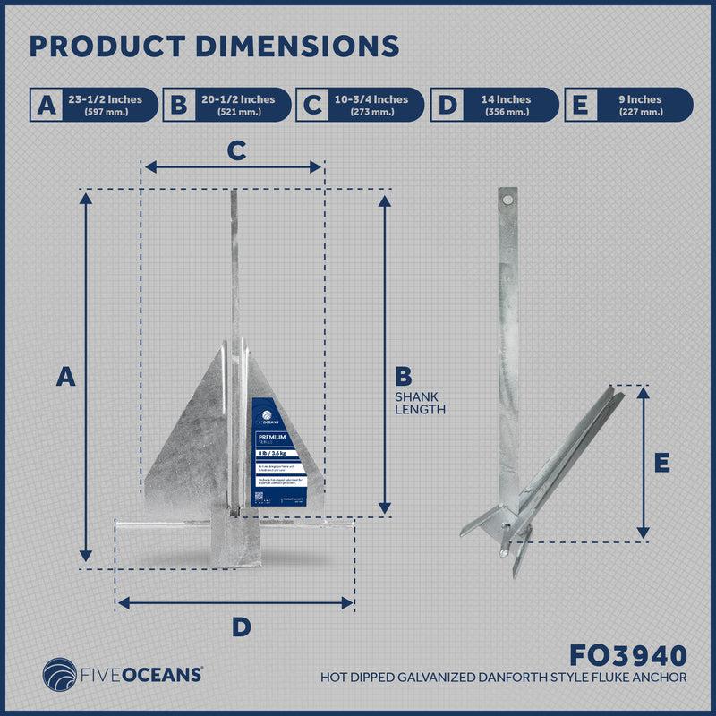 Traditional Danforth Style Fluke Hot Dipped Galvanized Steel Anchor, 8 LB (3.62 KGS) - Five Oceans