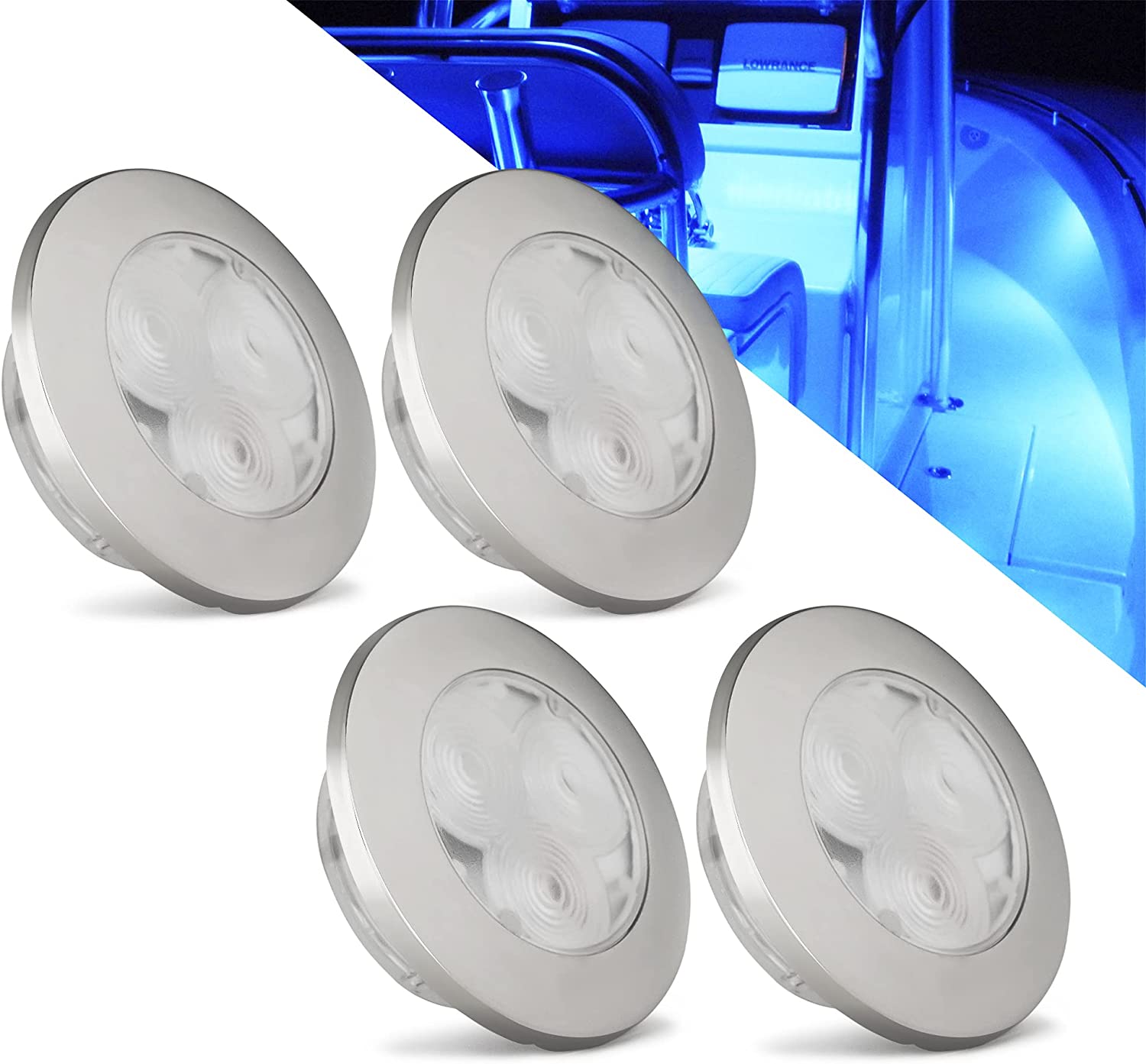 4-Pack: Round Blue LED Flush Mount Ceiling Light, ABS Plastic with AISI304 Stainless Steel Rim, 12-24 volts, Marine, Boat, RV, Motorhome