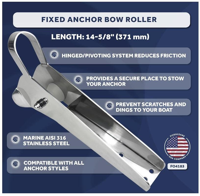 Fixed Anchor Bow Roller, Length 14-5/8", Stainless Steel - Five Oceans
