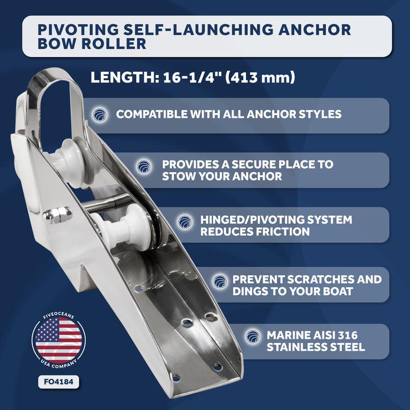 Pivoting Self-launching Anchor Bow Roller, Length 16-1/4", Stainless Steel - Five Oceans - 0