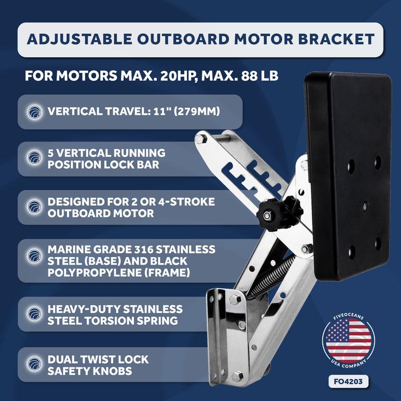 Marine Boat Adjustable Outboard Motor Bracket, Heavy Duty, AISI316 Stainless-Steel Fine Polished for 2 and 4 Stroke Outboards Up to 88lbs 40kg, Black Poly Mounting Board 20HP - 0