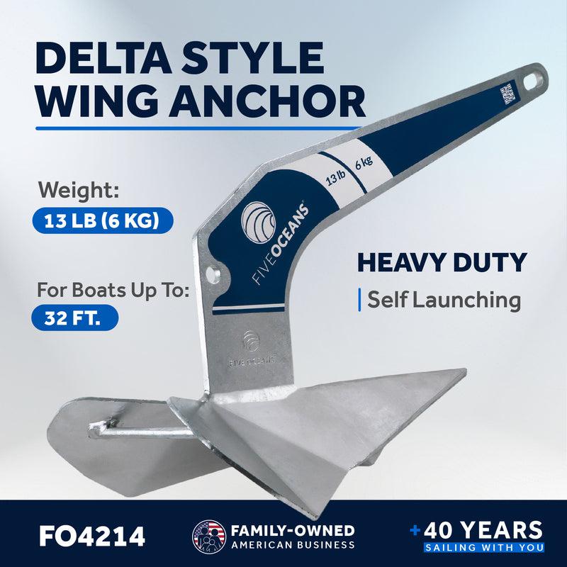 Delta Style Wing Anchor, 13 Lb, Hot Dipped Galvanized Steel - Five Oceans