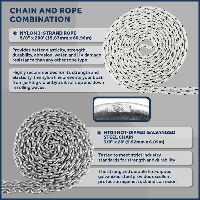 Nylon Three Strand Anchor Rope 5/8"x200FT w/Galvanized 3/8"x20FT HT G4 Chain, Pre-Spliced (BC 4290)