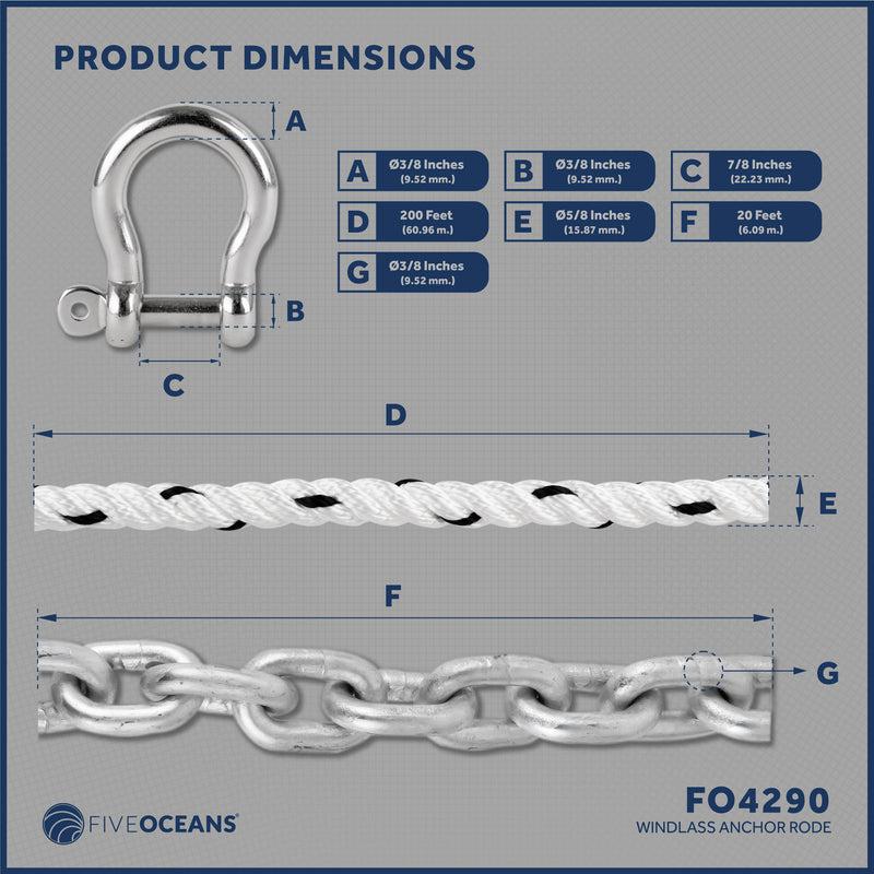 Nylon Three Strand Anchor Rope 5/8"x200FT w/Galvanized 3/8"x20FT HT G4 Chain, Pre-Spliced (BC 4290)