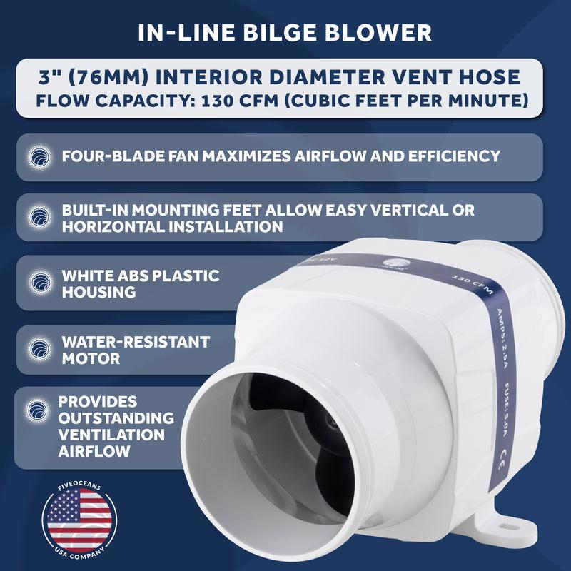 3" In-Line Marine Bilge Air Blower 12V 130 CFM-Canadian Marine &amp; Outdoor Equipment