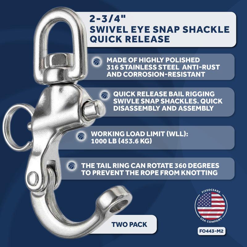 Swivel Eye Snap Shackle Quick Release Bail Rigging, 2 3/4" Stainless Steel 2-Pack - 0