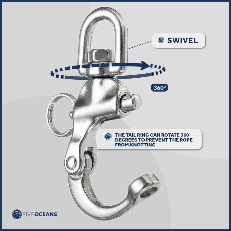 Five Oceans Swivel Eye Snap Shackle Quick Release Bail Rigging for Sailing Boat, 316 Marine-Grade Stainless Steel Clip Carabiner Hook