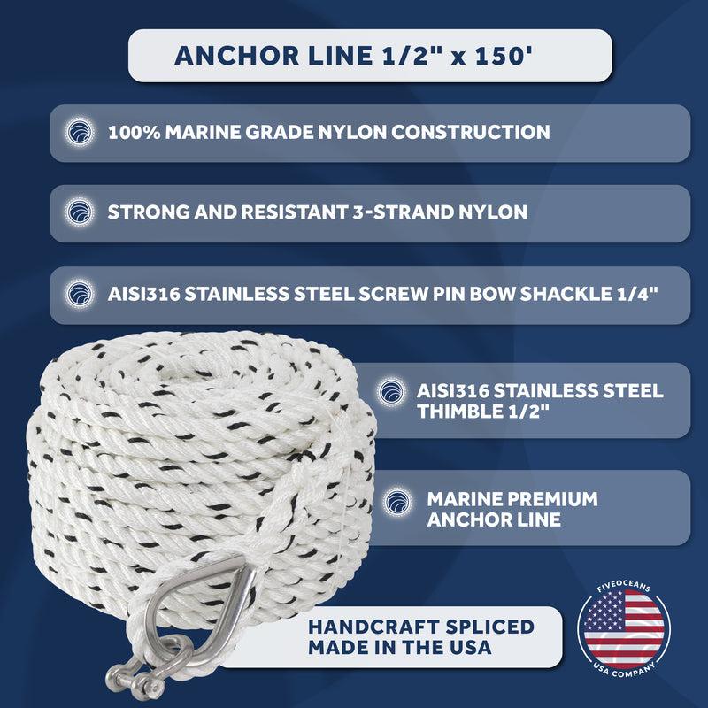 Anchor Line 1/2" x 150', 3-Strand Nylon, Spliced