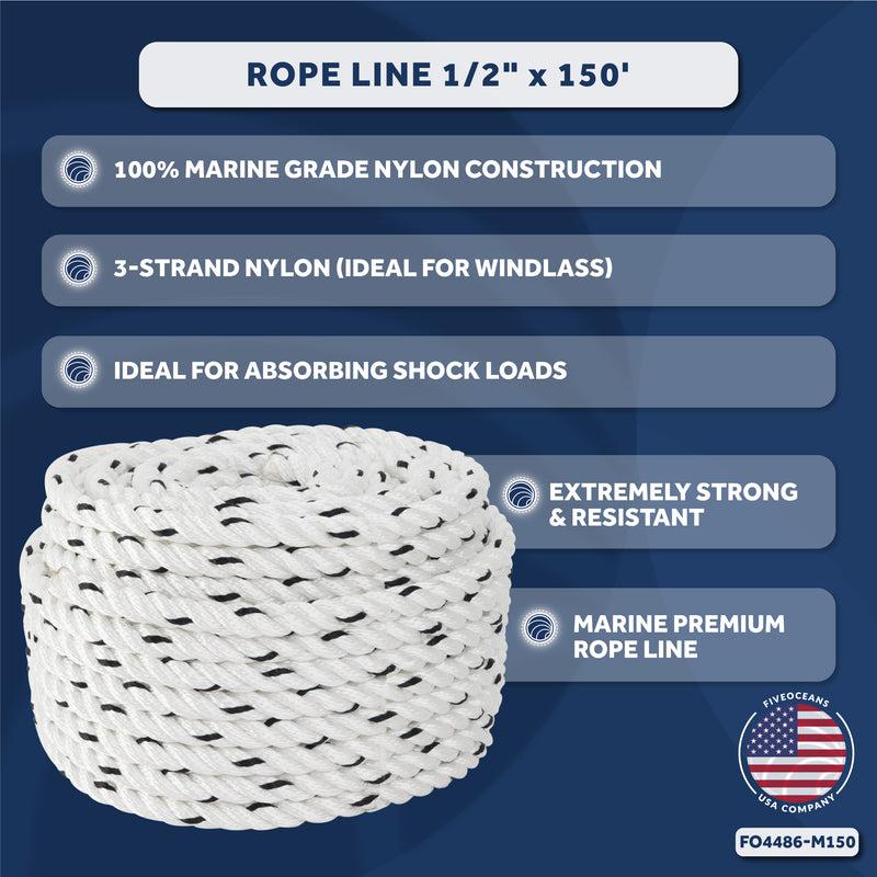 Anchor Rope Line 1/2" x 150', 3-Strand Nylon - Five Oceans