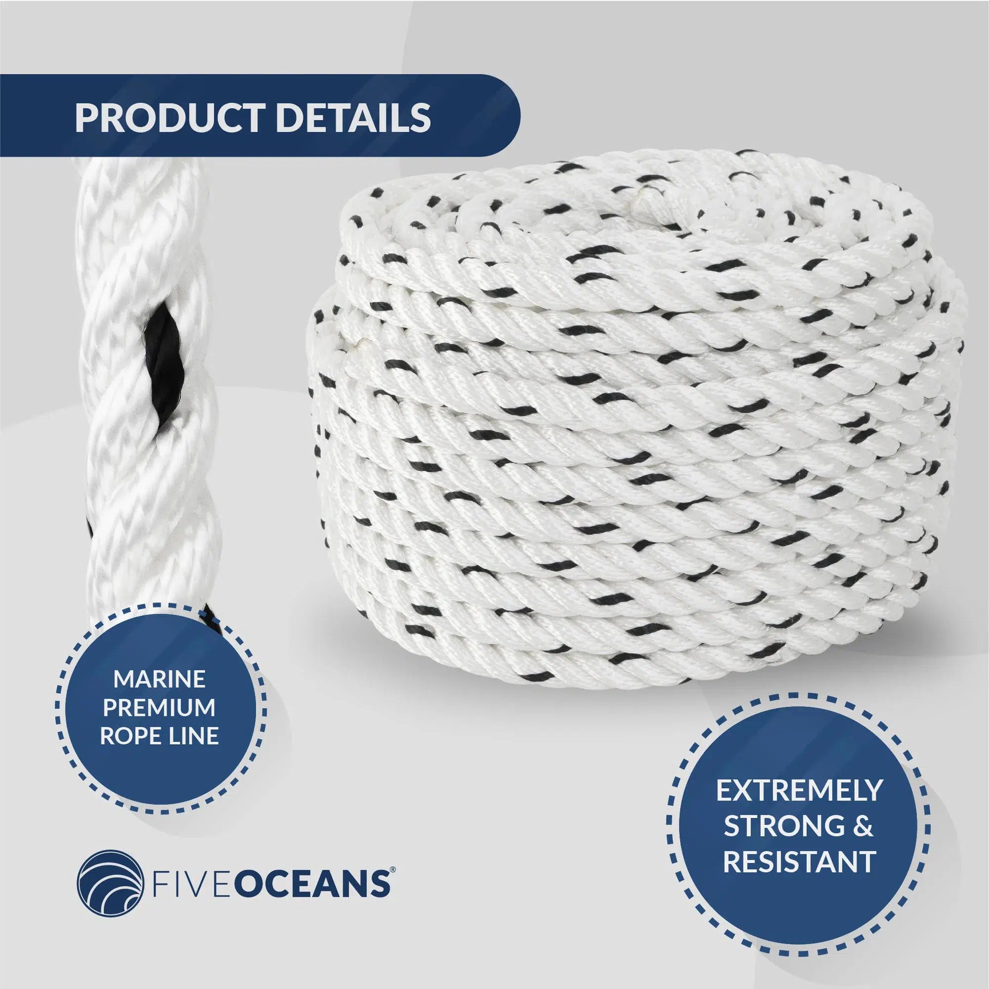 Five Oceans Boat Anchor Rope 1/2 inch x 150 ft - Marine Premium 3-Strand White Nylon - Ideal for Mooring Anchoring Windlasses Towing - FO4486-M150