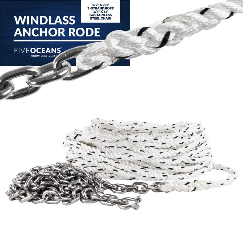 Windlass Anchor Rode, 1/2" x 200' Nylon 3-Strand Rope, 1/4 x 15' G4 Stainless Steel Chain - Five Oceans