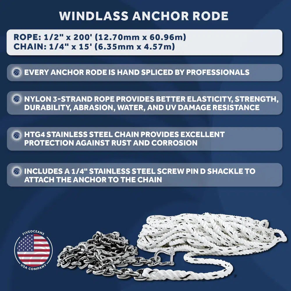 Windlass Anchor Rode, 1/2" x 200' Nylon 3-Strand Rope, 1/4 x 15' G4 Stainless Steel Chain - Five Oceans-Canadian Marine &amp; Outdoor Equipment