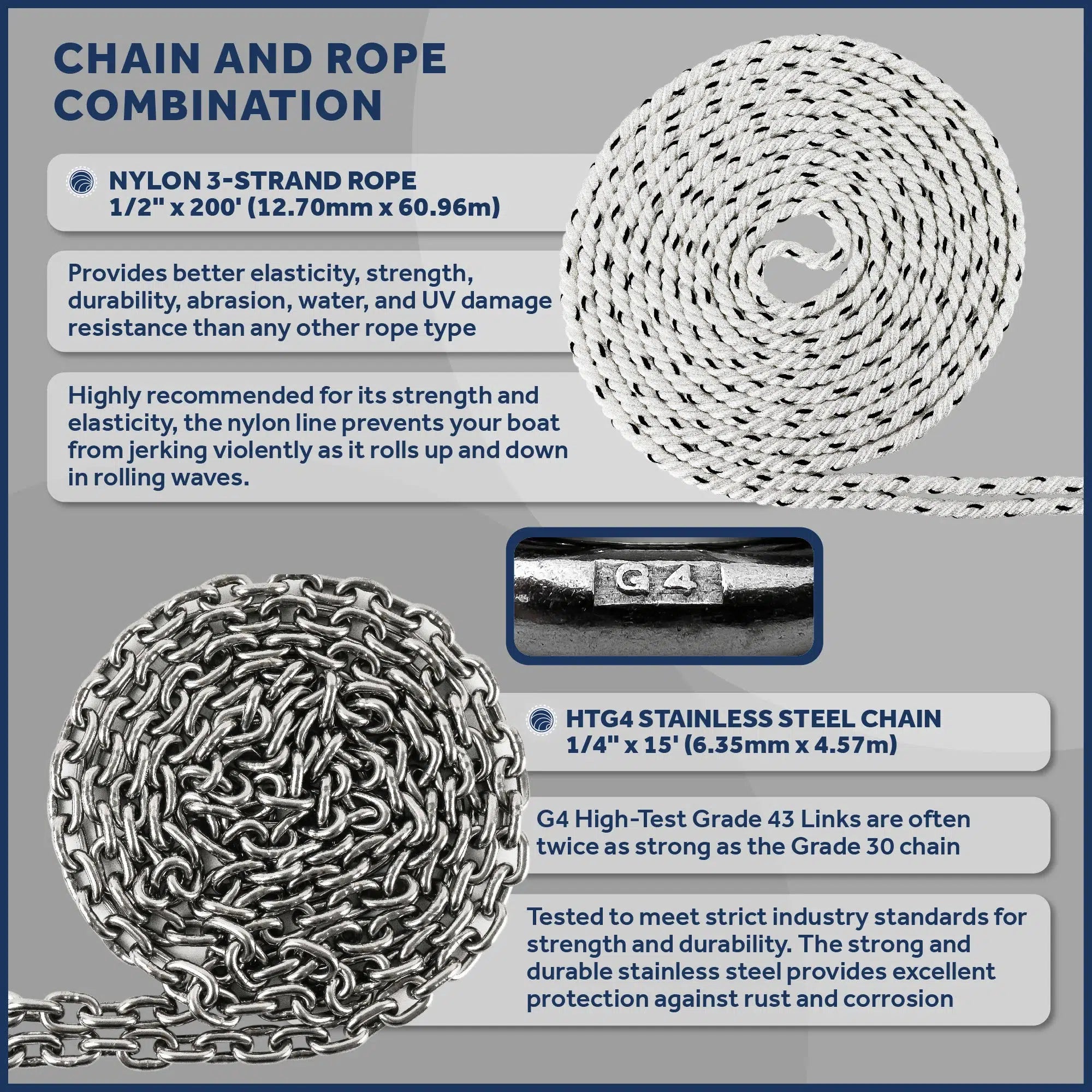 Windlass Anchor Rode, 1/2" x 200' 3-Strand, 1/4 x 15' G4 SS Chain  | Canadian Marine & Outdoor Equipment