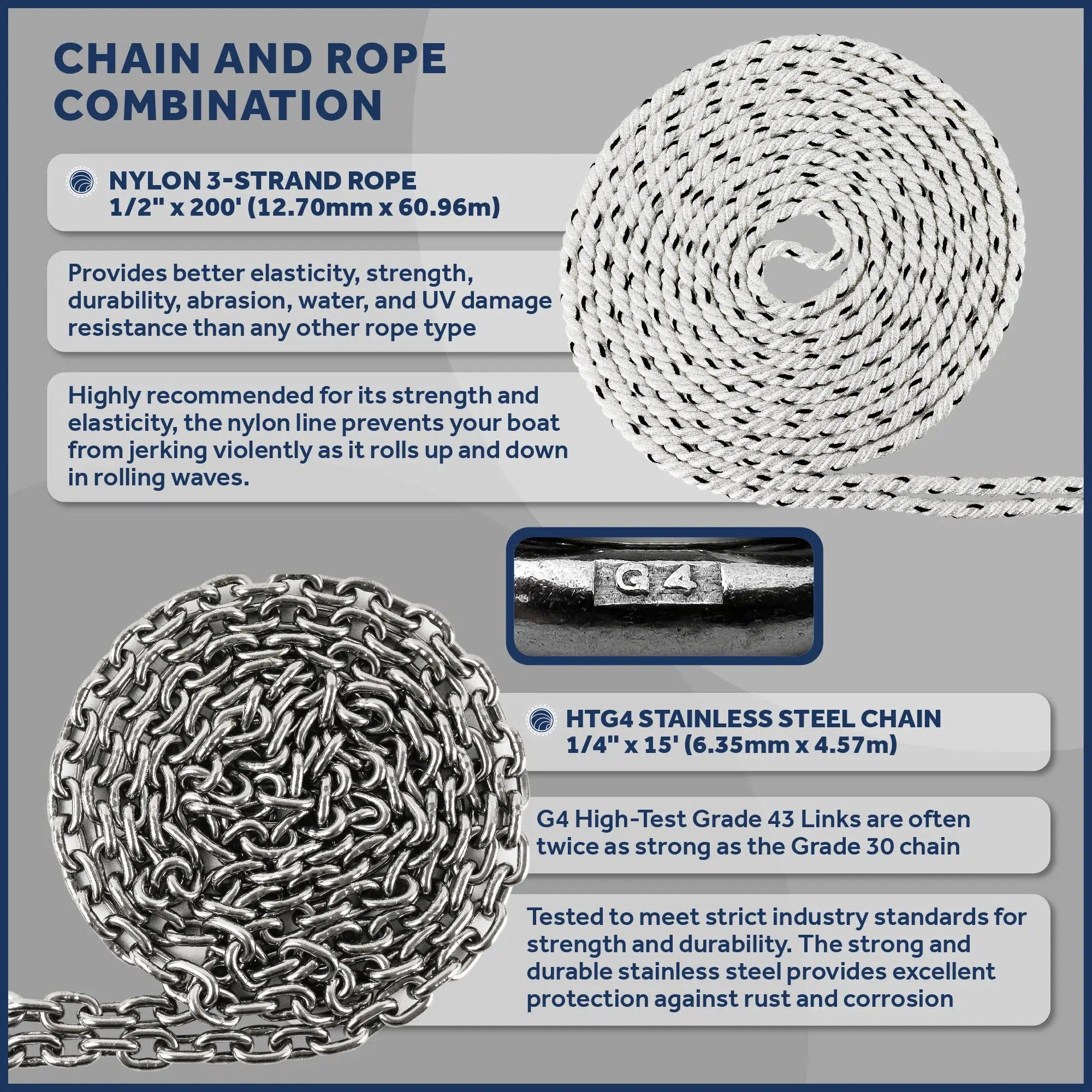 Windlass Anchor Rode, 1/2" x 200' Nylon 3-Strand Rope, 1/4 x 15' G4 Stainless Steel Chain - Five Oceans-Canadian Marine &amp; Outdoor Equipment