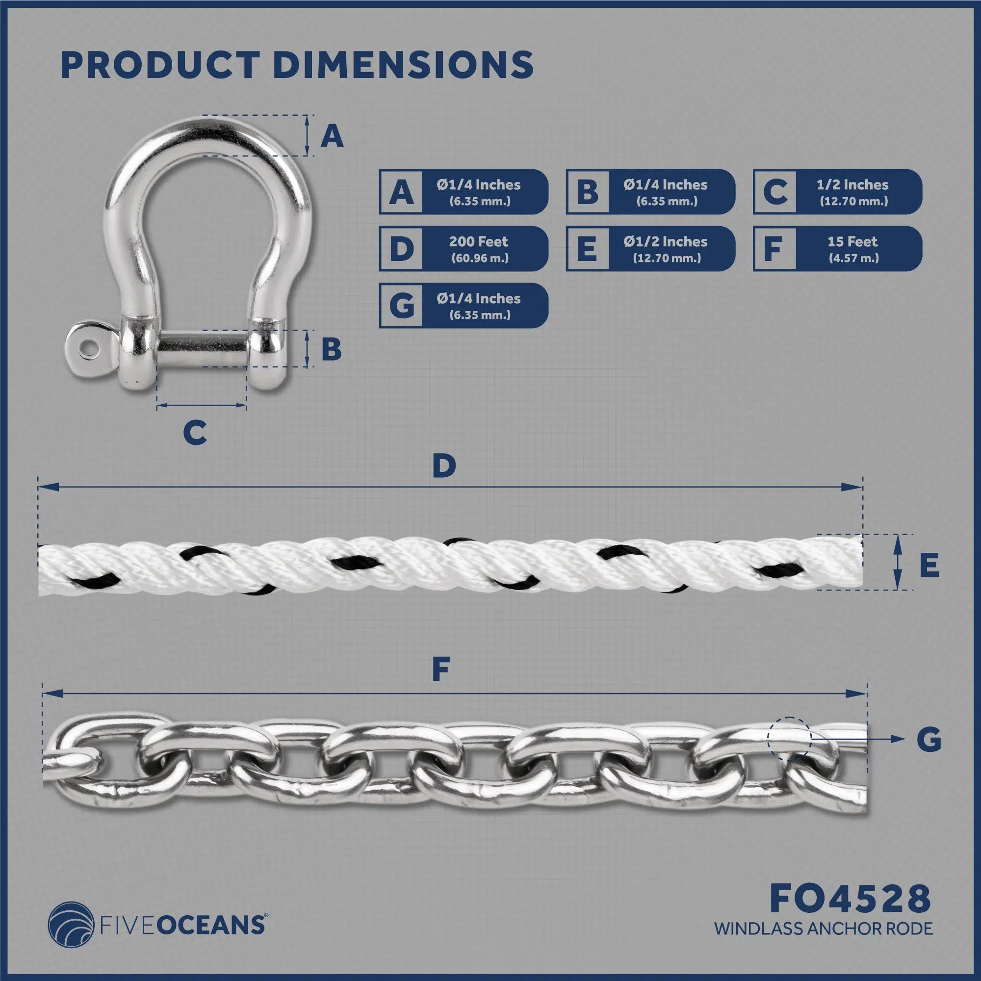 Windlass Anchor Rode, 1/2" x 200' Nylon 3-Strand Rope, 1/4 x 15' G4 Stainless Steel Chain - Five Oceans-Canadian Marine &amp; Outdoor Equipment