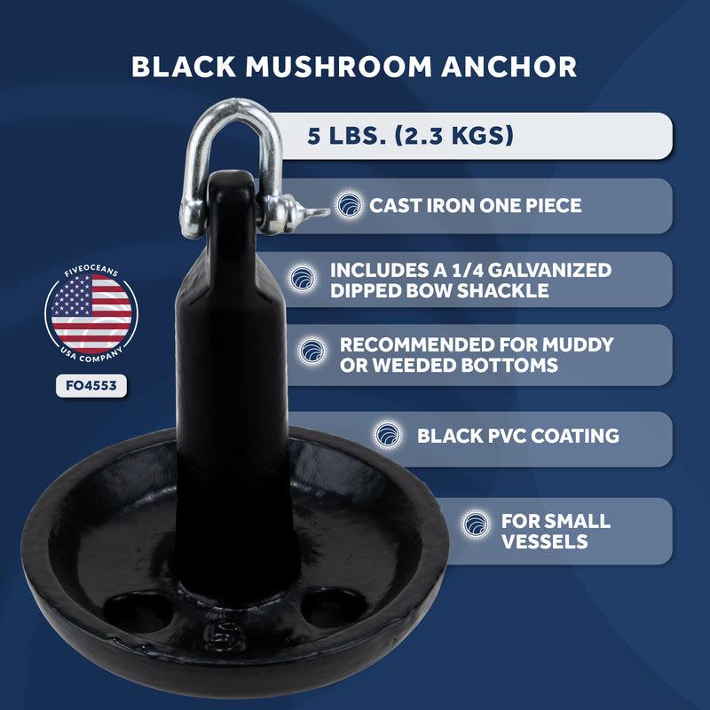 Black Mushroom Anchor, 5 lb, Thick PVC vinyl coating, Excellent Holding Power on Muddy / Weeded Bottoms, 1-Piece Cast-Iron Construction