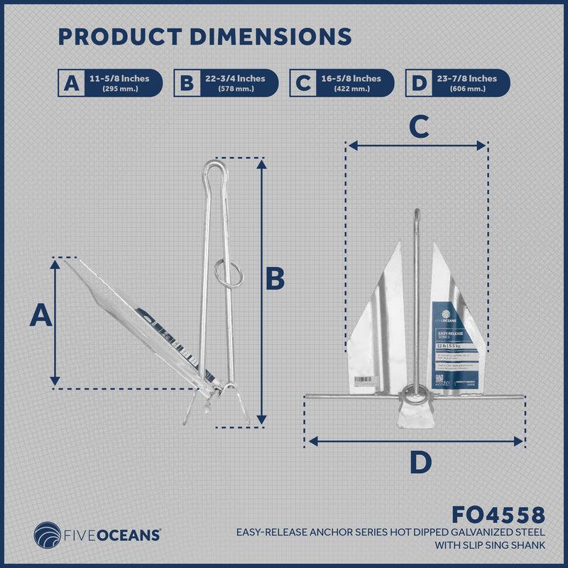 Five Oceans Easy-Release Danforth Anchor Series - Hot Dipped Galvanized Steel with slip ring shank, 12 lb