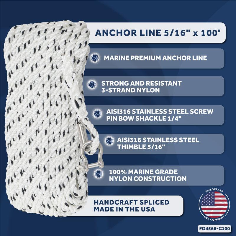 Marine Anchor Line, 5/16" by 100' Twisted Rope, Spliced, 5/16" SS Thimble, 1/4" SS Shackle