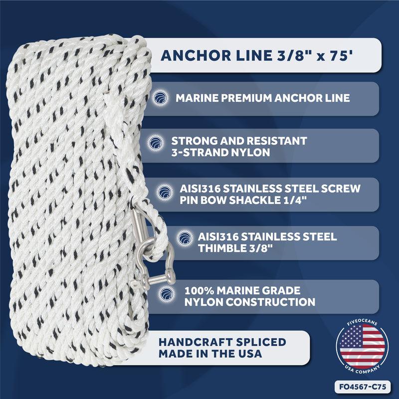 Marine Premium Anchor Line, 3/8 in by 75 FT White 3-Strand Nylon Twisted Rope, Spliced, 3/8 in SS Thimble, 1/4 in SS Shackle, Tracer - 0