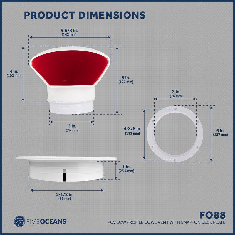 3" Marine Deluxe Low Profile Pac Cowl Vent White & Red for Boat - Five Oceans (BC 88)