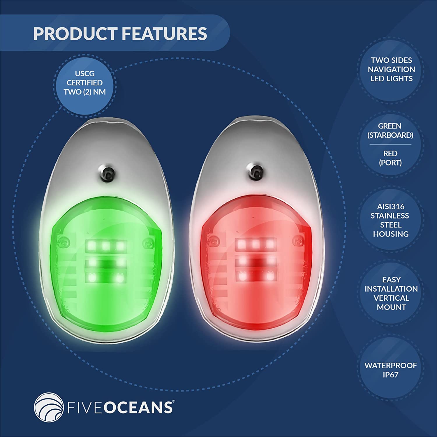 Stainless Steel Navigation 12V LED Side Lights (Pair Set) - Five Oceans-Canadian Marine &amp; Outdoor Equipment