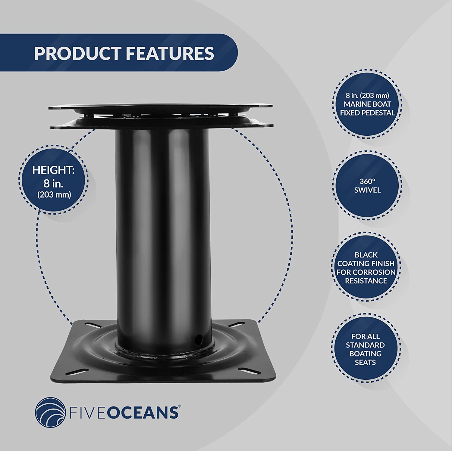 8 in (203mm) Marine Boat Seat Fixed Pedestal with 360 Degree