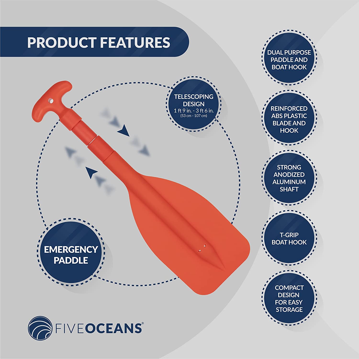 Emergency Orange Telescoping Dual Purpose Paddle and Hook, Extends from 21 in (53cm) to 42 in (107cm), Compact design, Anodized Aluminum Shaft-Canadian Marine &amp; Outdoor Equipment