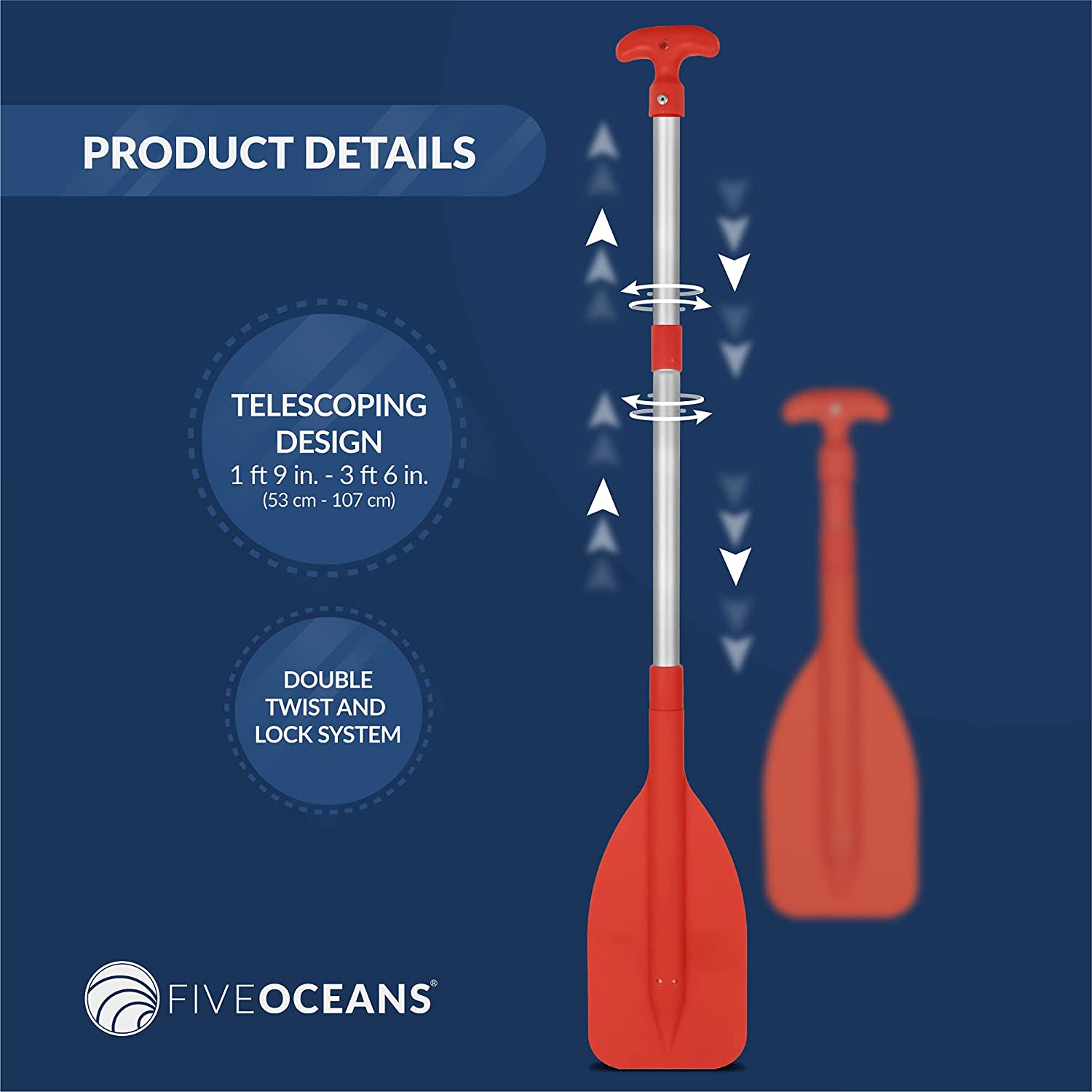 Emergency Orange Telescoping Dual Purpose Paddle and Hook, Extends from 21 in (53cm) to 42 in (107cm), Compact design, Anodized Aluminum Shaft-Canadian Marine &amp; Outdoor Equipment
