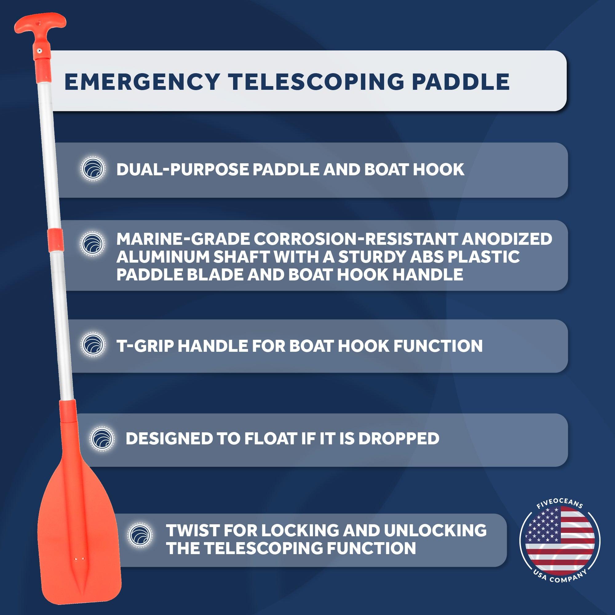 Emergency Orange Telescoping Dual Purpose Paddle and Hook, Extends from 21 in (53cm) to 42 in (107cm), Compact design, Anodized Aluminum Shaft-Canadian Marine &amp; Outdoor Equipment