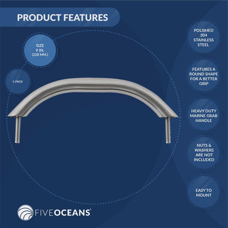 Grab Handle Handrail with Stud 9", Stainless Steel - Five Oceans-Canadian Marine &amp; Outdoor Equipment