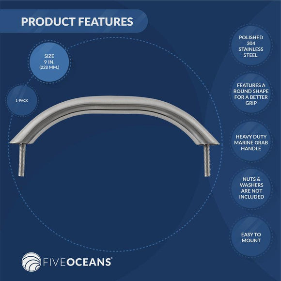 9" Stainless Steel Grab Handle w/ Studs | Five Oceans | Canadian Marine & Outdoor Equipment